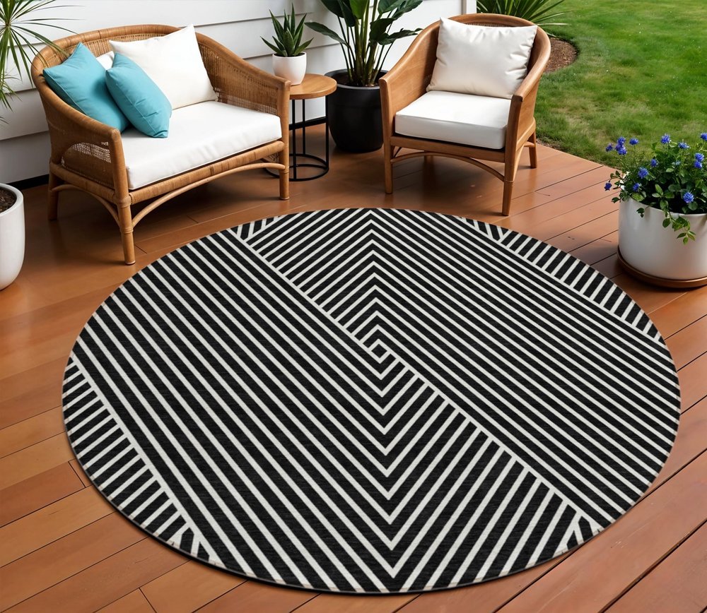 3' X 5' Black And Ivory Geometric Washable Indoor Outdoor Area Rug