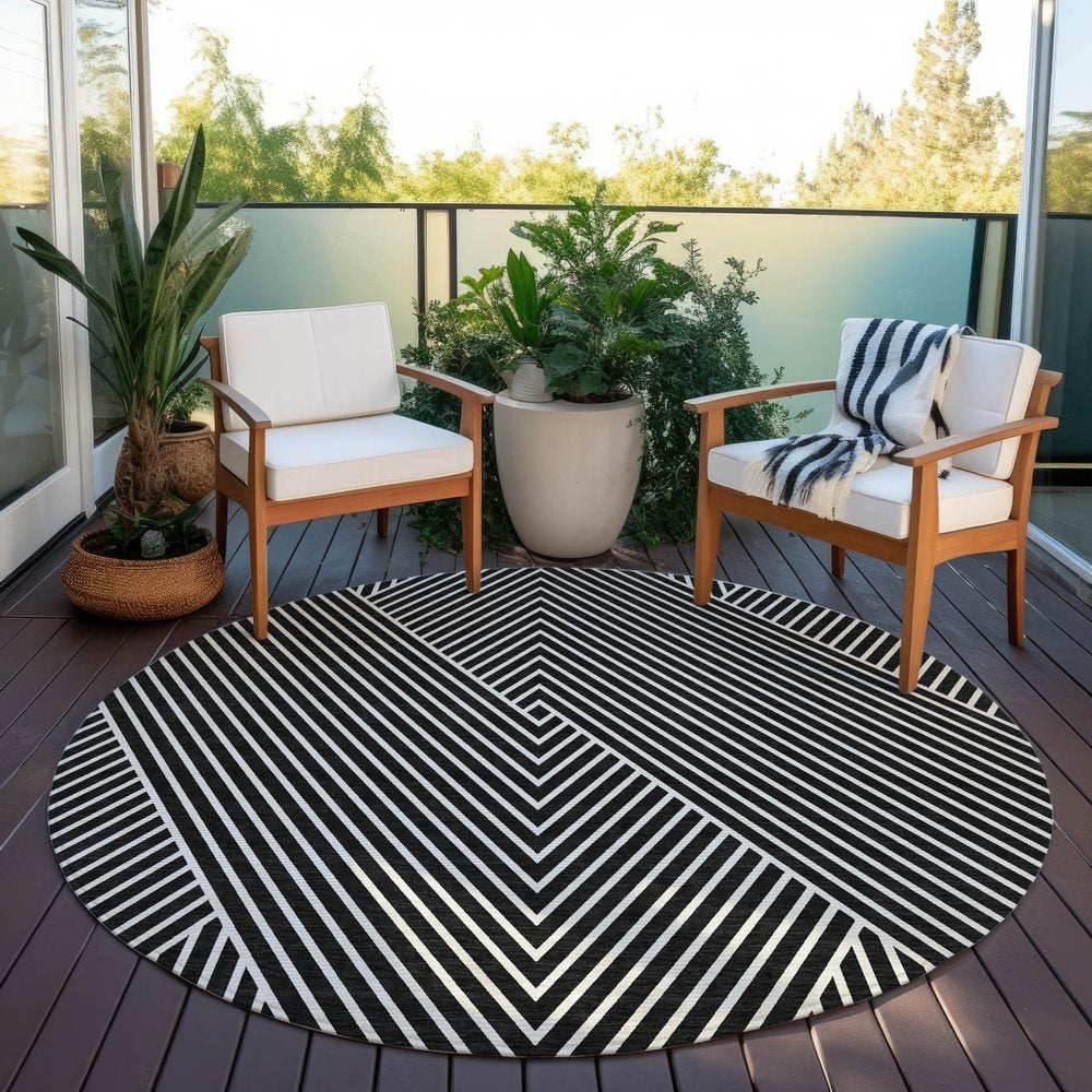 3' X 5' Black And Ivory Geometric Washable Indoor Outdoor Area Rug