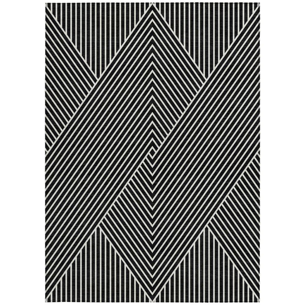 3' X 5' Black And Ivory Geometric Washable Indoor Outdoor Area Rug