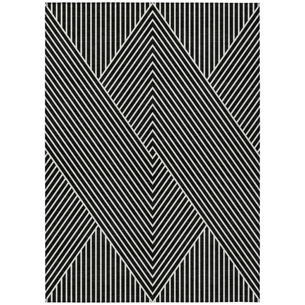 3' X 5' Black And Ivory Geometric Washable Indoor Outdoor Area Rug