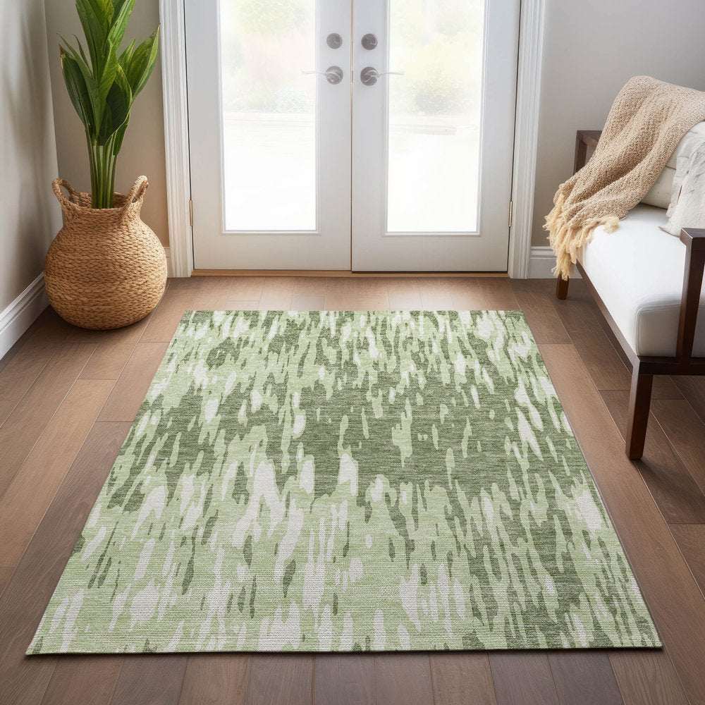 3' X 5' Green And Ivory Abstract Washable Indoor Outdoor Area Rug