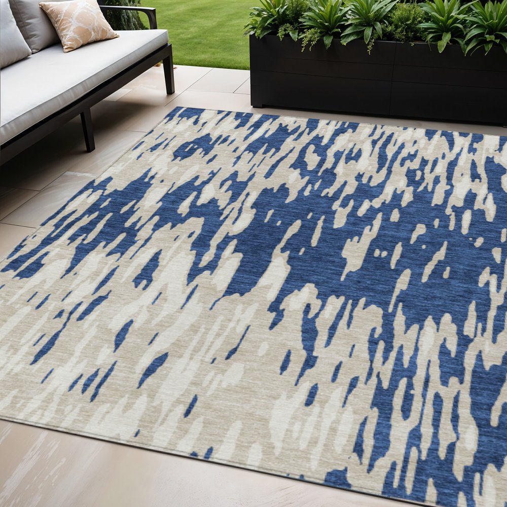 3' X 5' Navy Blue And Ivory Abstract Washable Indoor Outdoor Area Rug
