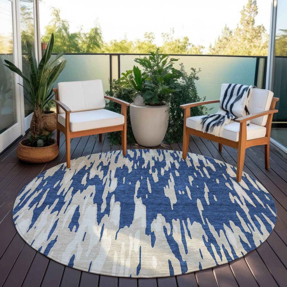 3' X 5' Navy Blue And Ivory Abstract Washable Indoor Outdoor Area Rug
