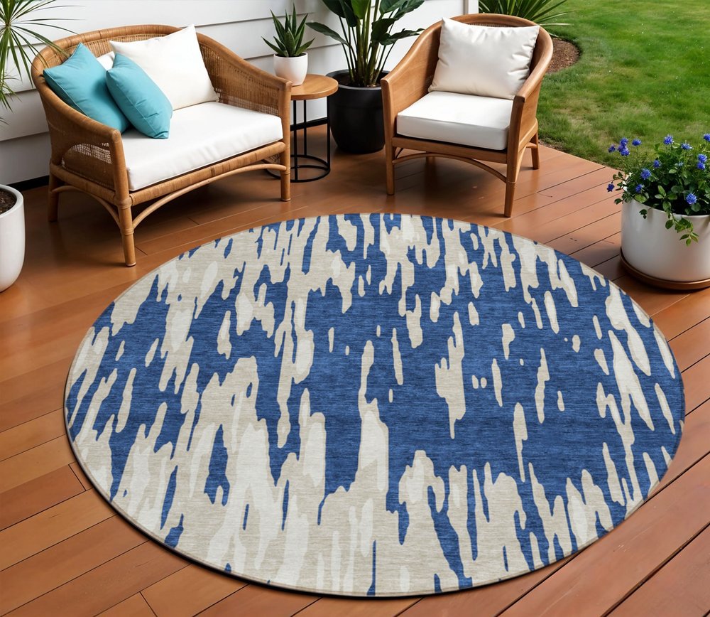 3' X 5' Navy Blue And Ivory Abstract Washable Indoor Outdoor Area Rug