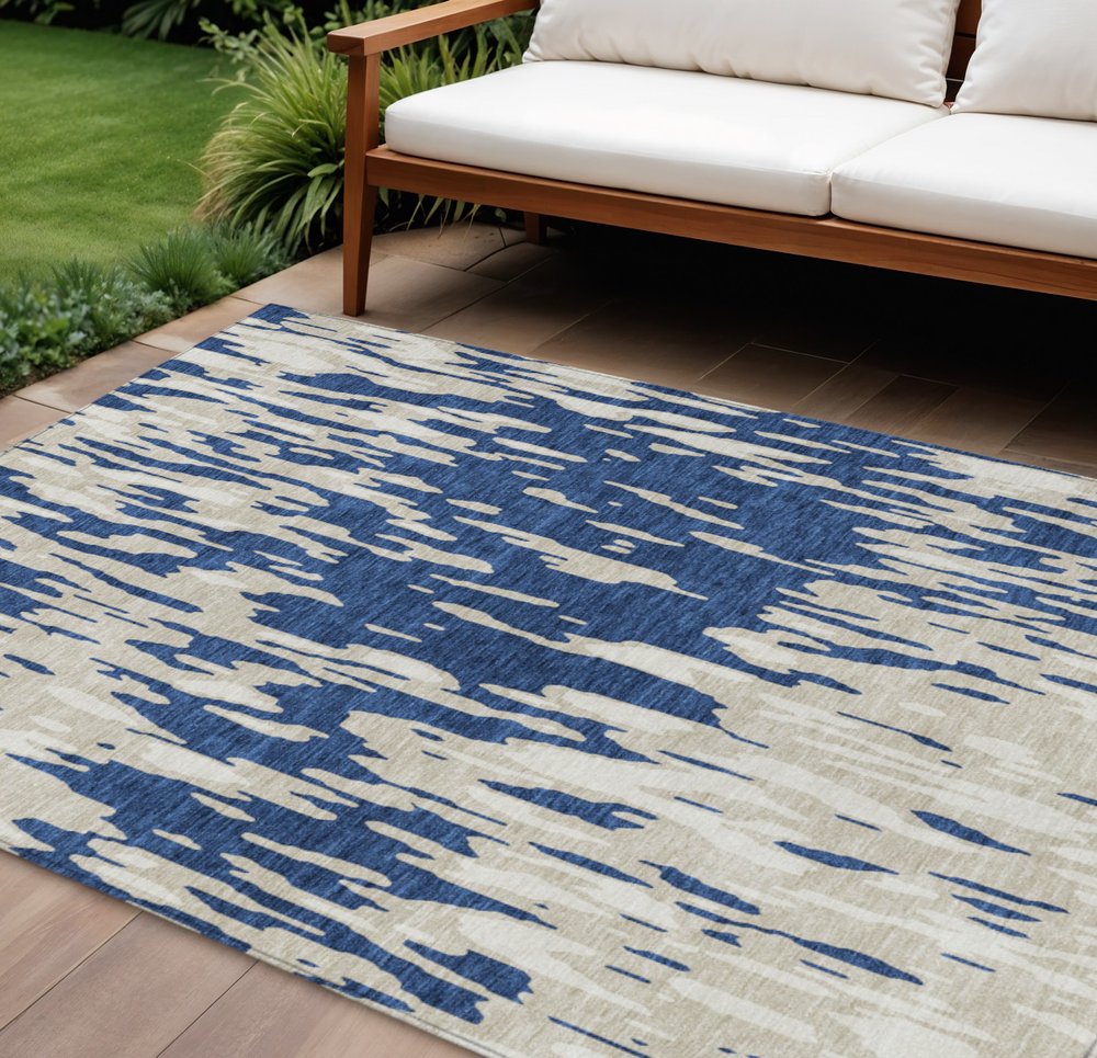 3' X 5' Navy Blue And Ivory Abstract Washable Indoor Outdoor Area Rug