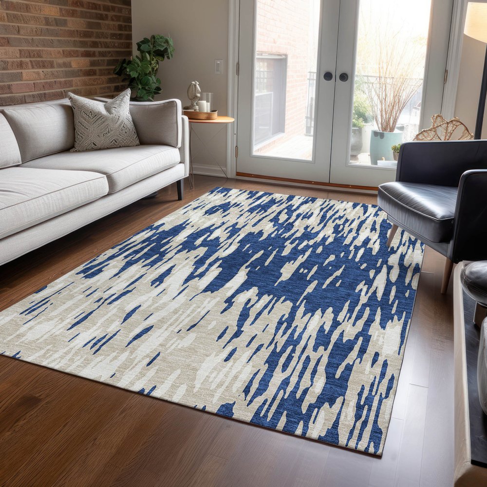 3' X 5' Navy Blue And Ivory Abstract Washable Indoor Outdoor Area Rug