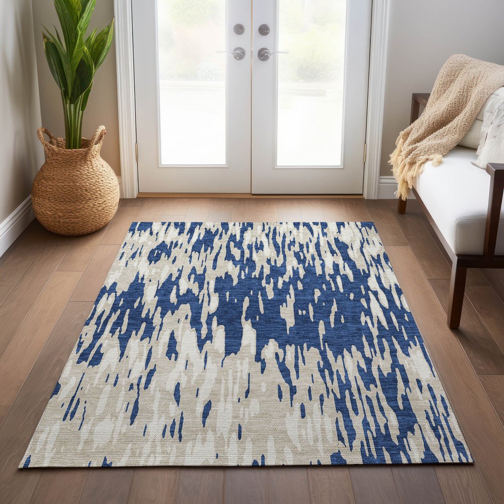3' X 5' Navy Blue And Ivory Abstract Washable Indoor Outdoor Area Rug