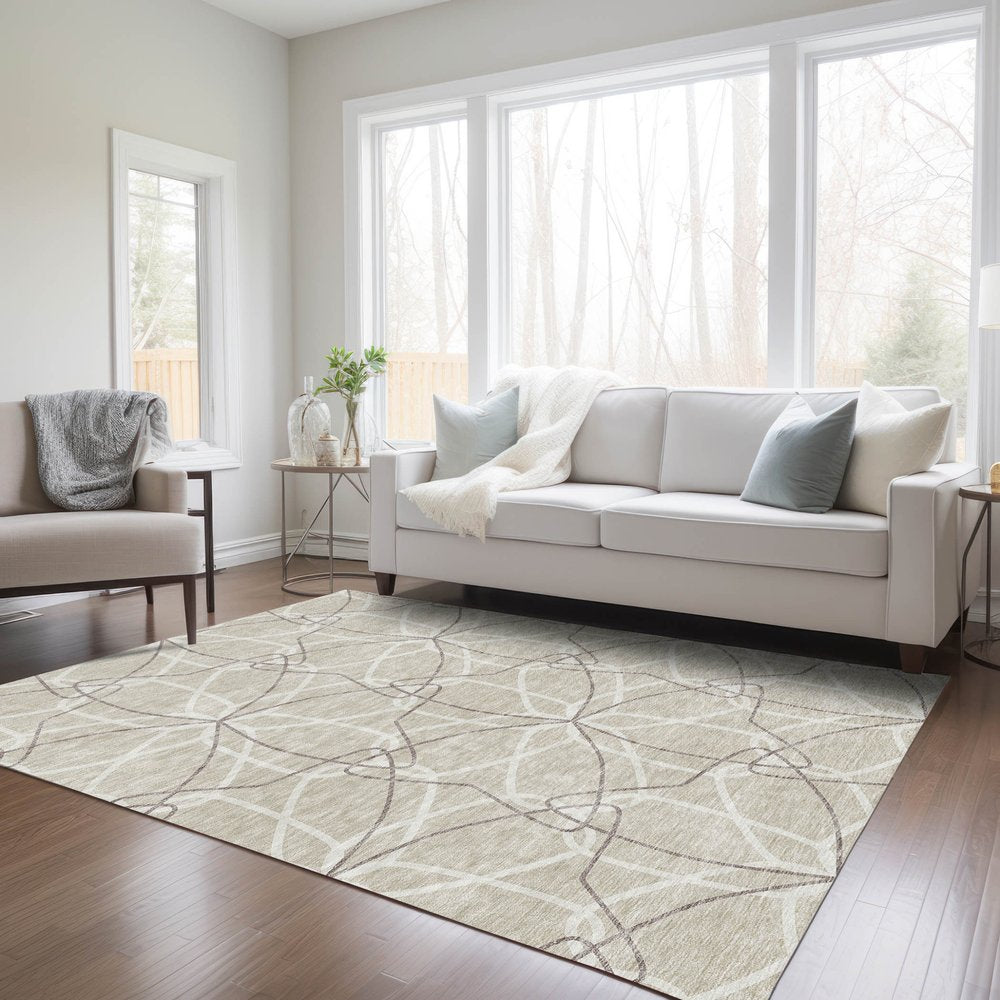 3' X 5' Beige And Ivory Geometric Washable Indoor Outdoor Area Rug