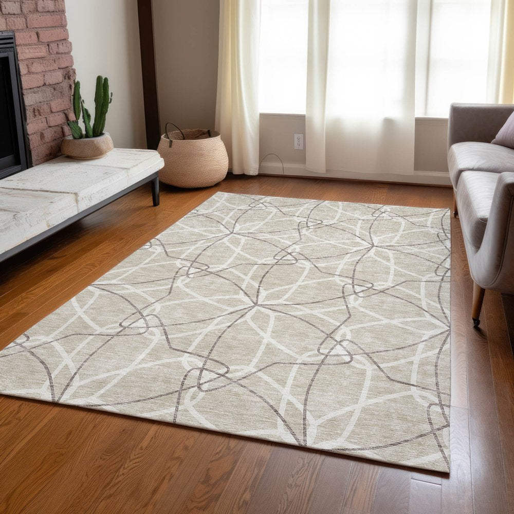 3' X 5' Beige And Ivory Geometric Washable Indoor Outdoor Area Rug