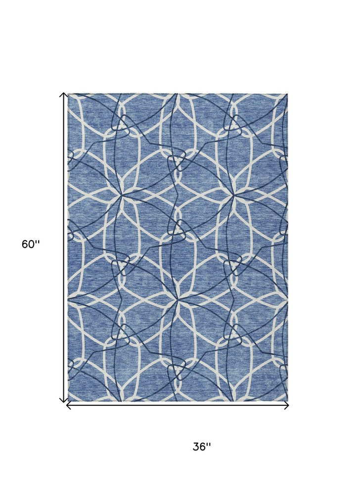 3' X 5' Denim Blue And Ivory Geometric Washable Indoor Outdoor Area Rug