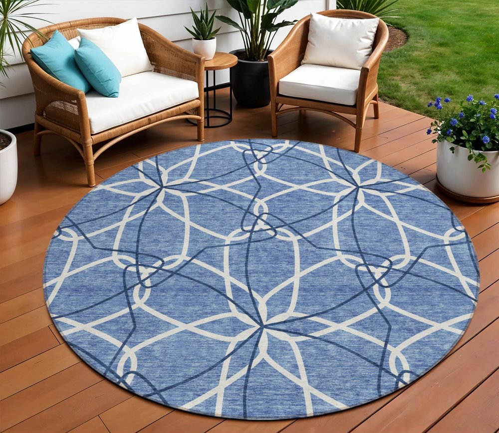 3' X 5' Denim Blue And Ivory Geometric Washable Indoor Outdoor Area Rug