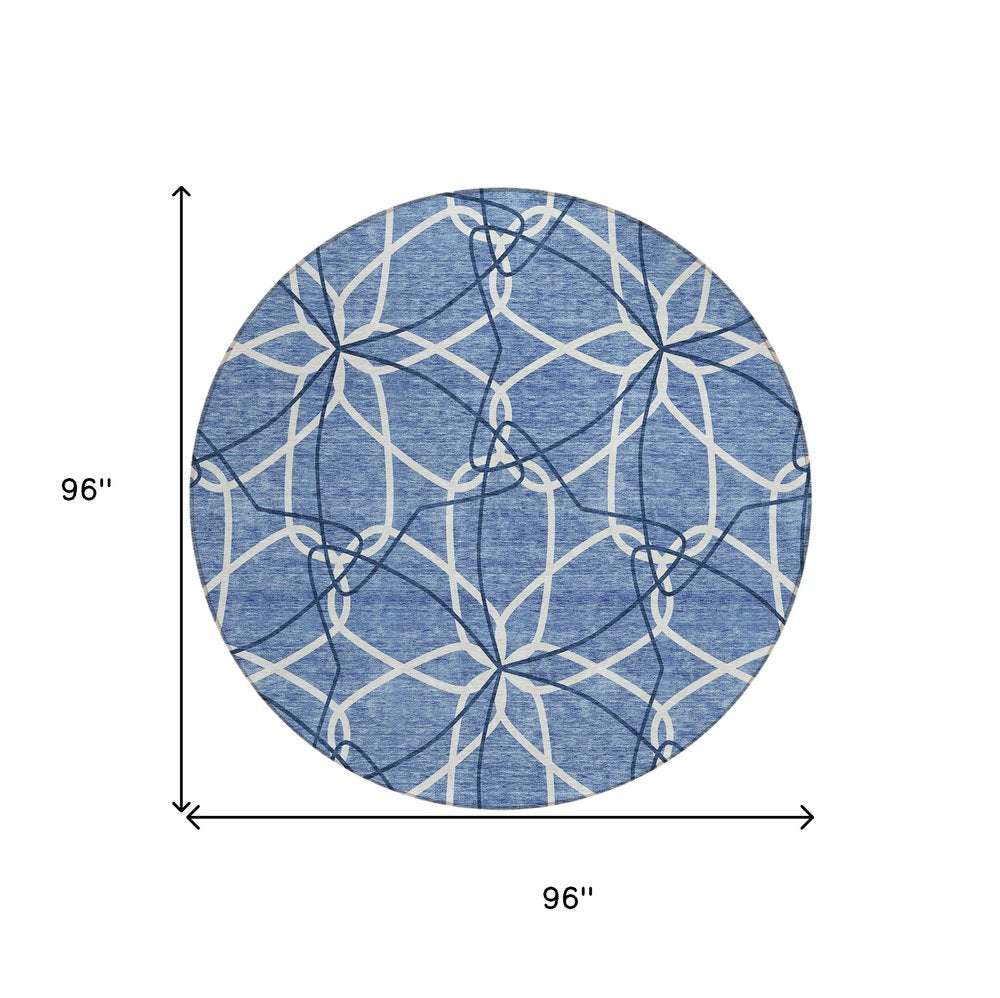 3' X 5' Denim Blue And Ivory Geometric Washable Indoor Outdoor Area Rug