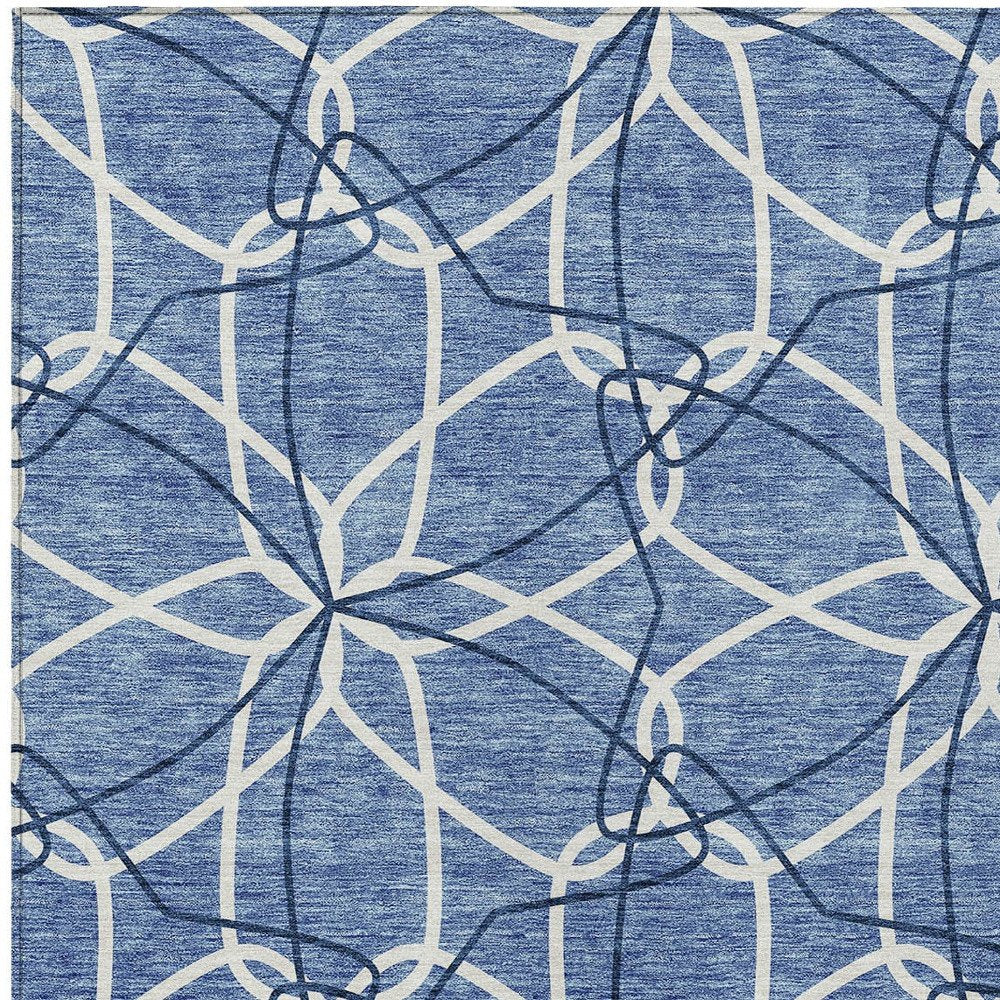 3' X 5' Denim Blue And Ivory Geometric Washable Indoor Outdoor Area Rug