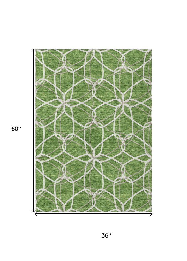3' X 5' Green And Ivory Geometric Washable Indoor Outdoor Area Rug