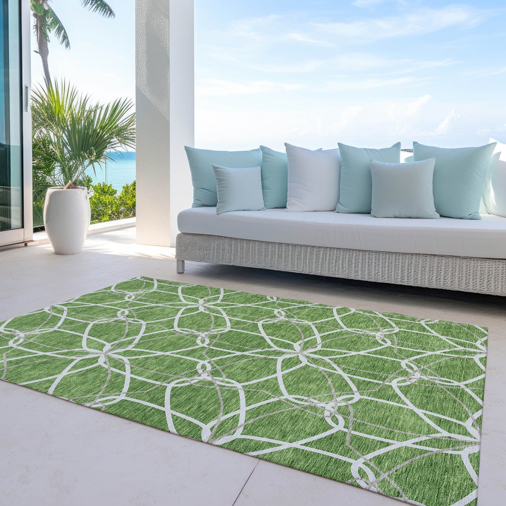3' X 5' Green And Ivory Geometric Washable Indoor Outdoor Area Rug
