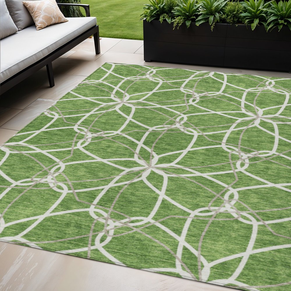 3' X 5' Green And Ivory Geometric Washable Indoor Outdoor Area Rug