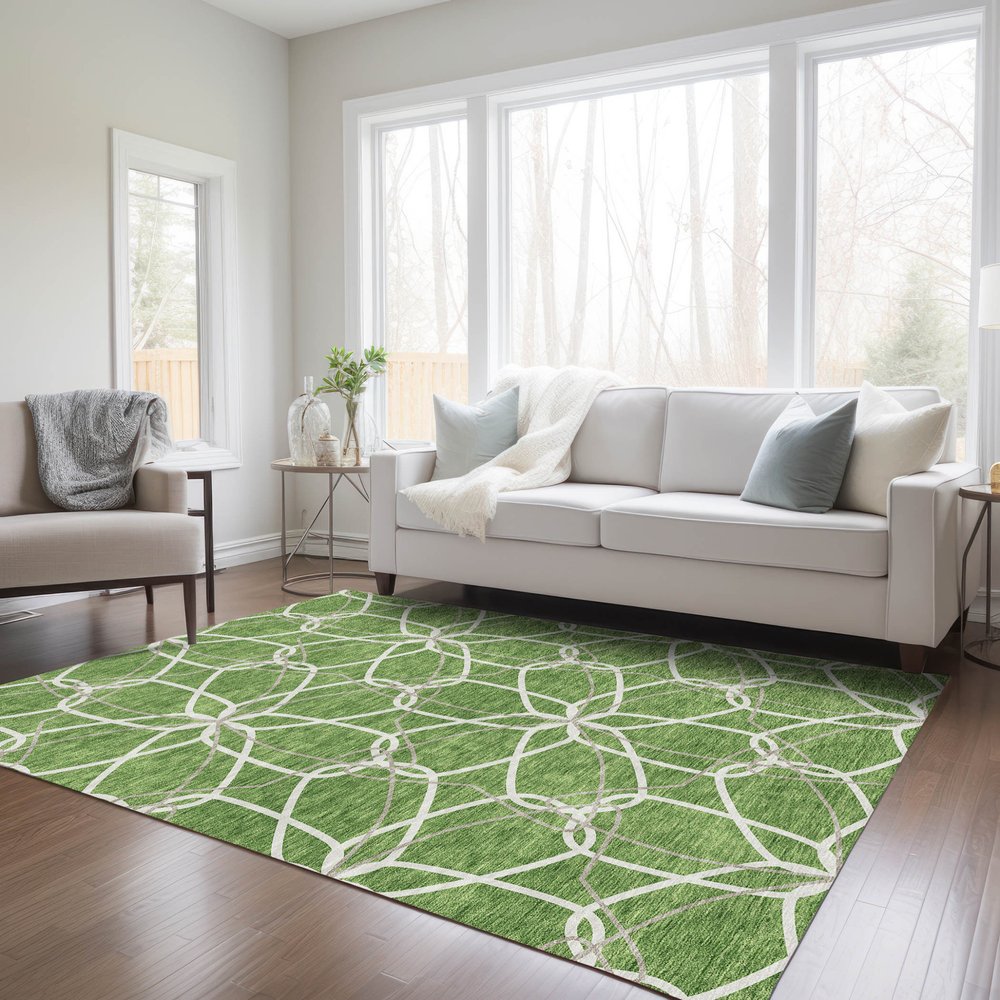 3' X 5' Green And Ivory Geometric Washable Indoor Outdoor Area Rug