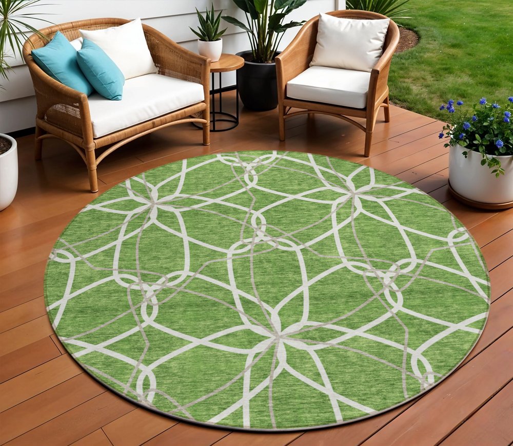 3' X 5' Green And Ivory Geometric Washable Indoor Outdoor Area Rug