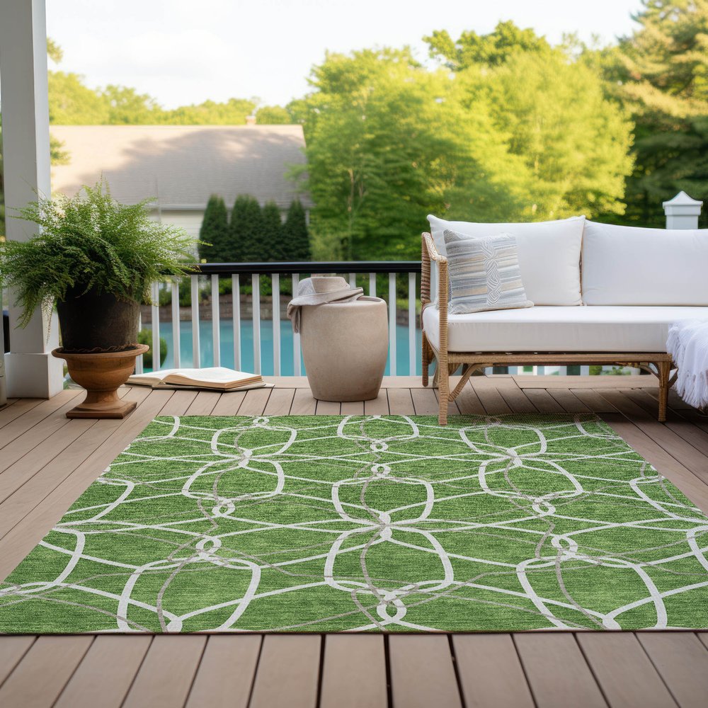 3' X 5' Green And Ivory Geometric Washable Indoor Outdoor Area Rug