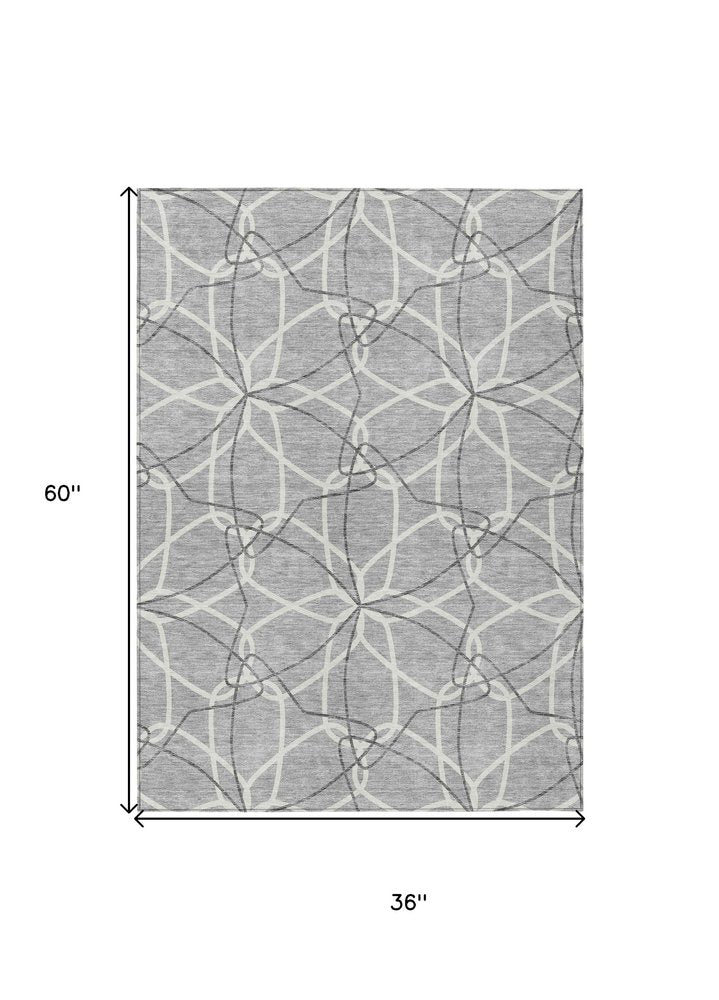 3' X 5' Gray And Ivory Geometric Washable Indoor Outdoor Area Rug