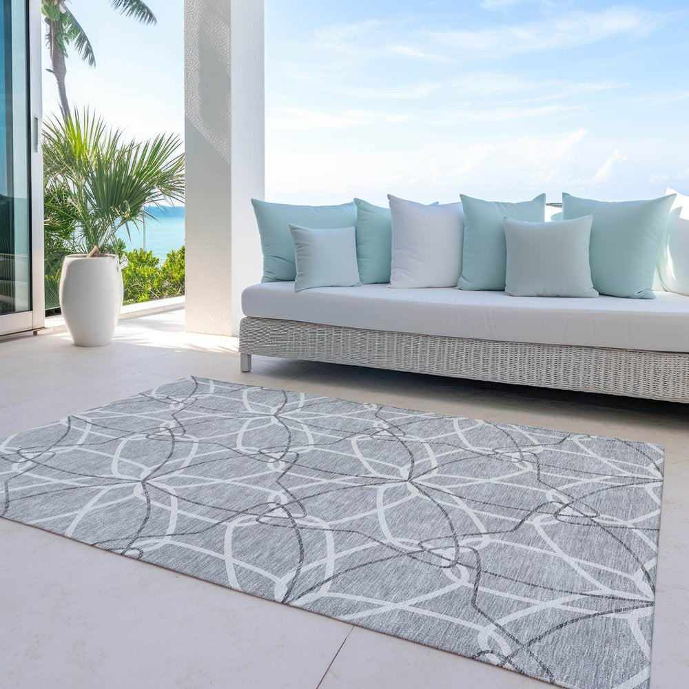 3' X 5' Gray And Ivory Geometric Washable Indoor Outdoor Area Rug