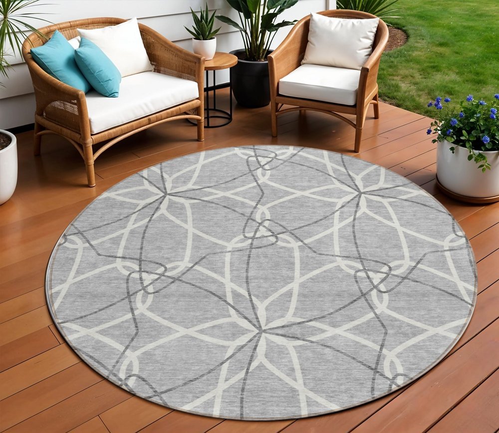 3' X 5' Gray And Ivory Geometric Washable Indoor Outdoor Area Rug