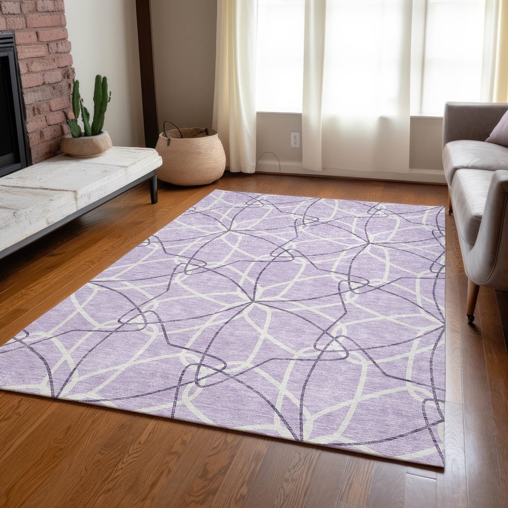 3' X 5' Lavender And Ivory Geometric Washable Indoor Outdoor Area Rug