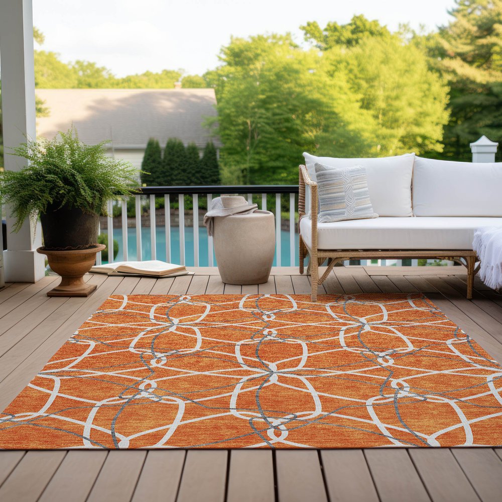 3' X 5' Orange And Ivory Geometric Washable Indoor Outdoor Area Rug