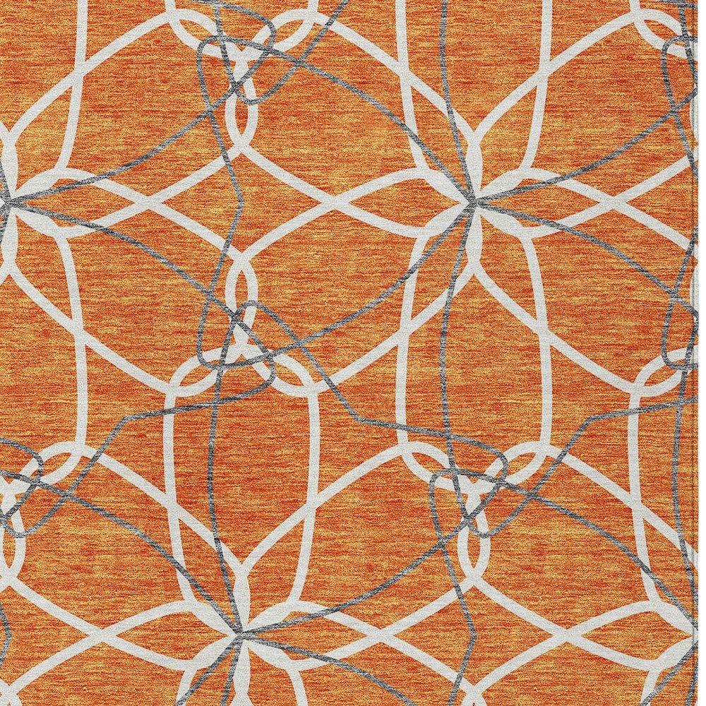 3' X 5' Orange And Ivory Geometric Washable Indoor Outdoor Area Rug