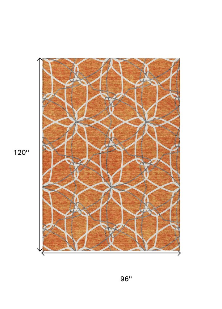 3' X 5' Orange And Ivory Geometric Washable Indoor Outdoor Area Rug