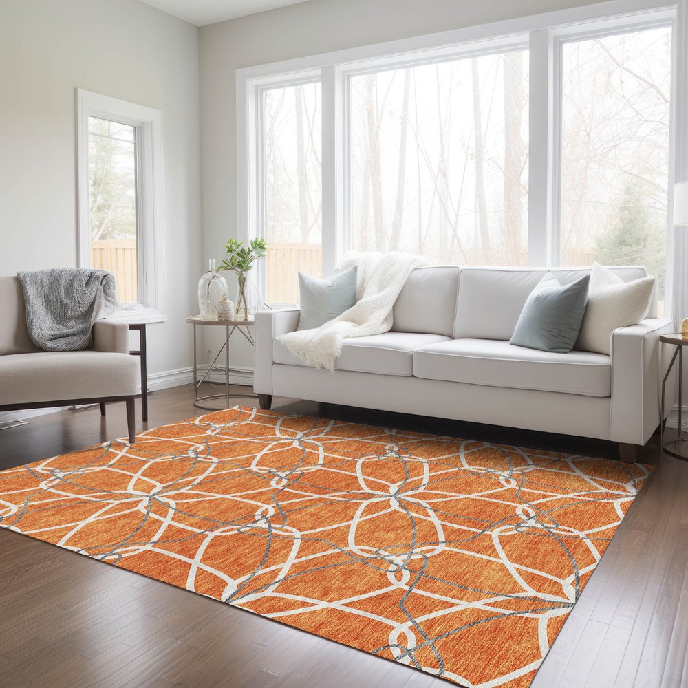 3' X 5' Orange And Ivory Geometric Washable Indoor Outdoor Area Rug