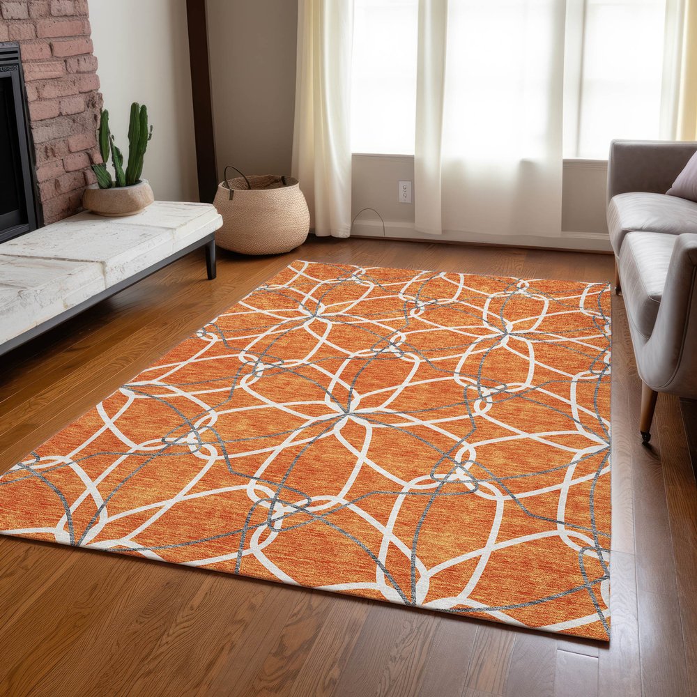 3' X 5' Orange And Ivory Geometric Washable Indoor Outdoor Area Rug