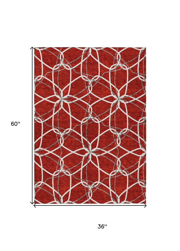 3' X 5' Red And Ivory Geometric Washable Indoor Outdoor Area Rug