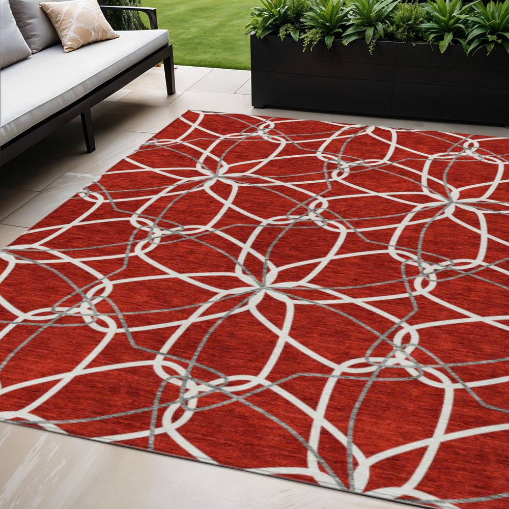 3' X 5' Red And Ivory Geometric Washable Indoor Outdoor Area Rug