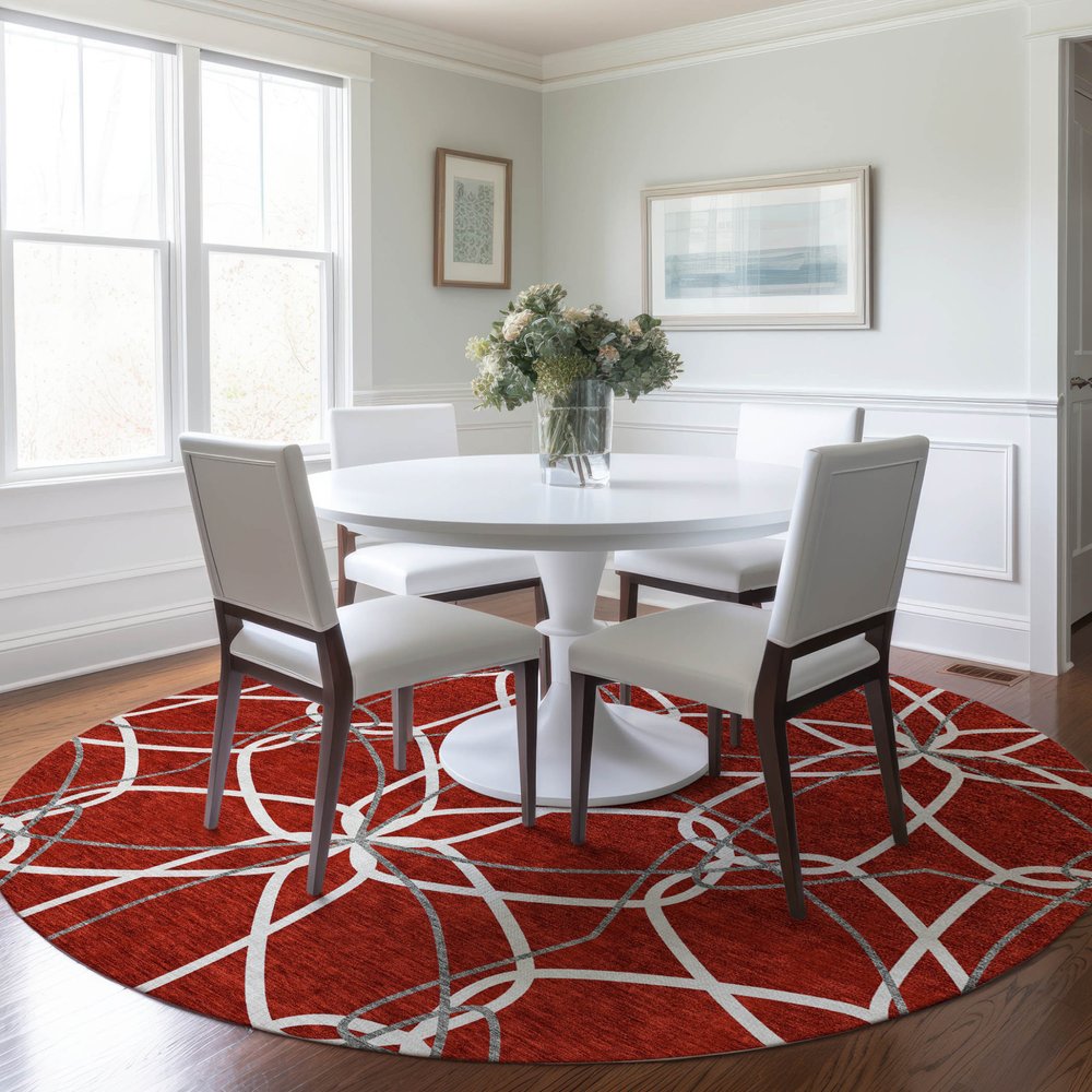 3' X 5' Red And Ivory Geometric Washable Indoor Outdoor Area Rug