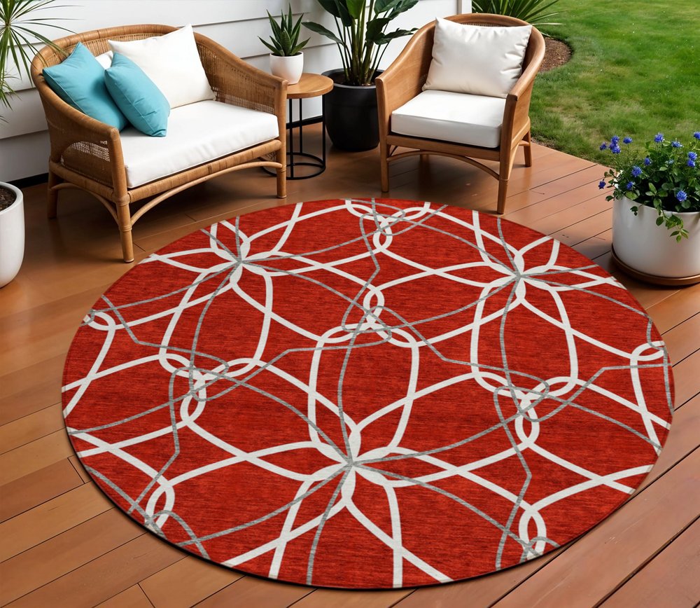 3' X 5' Red And Ivory Geometric Washable Indoor Outdoor Area Rug