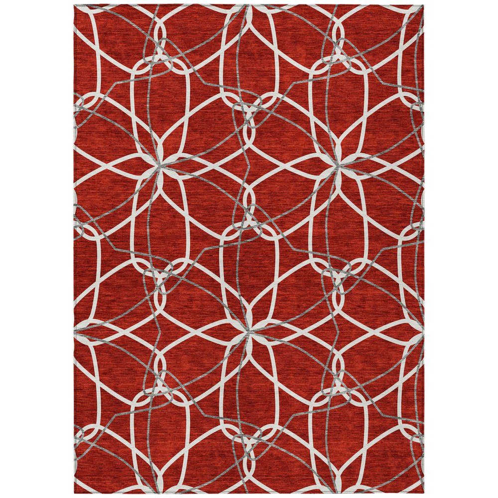 3' X 5' Red And Ivory Geometric Washable Indoor Outdoor Area Rug