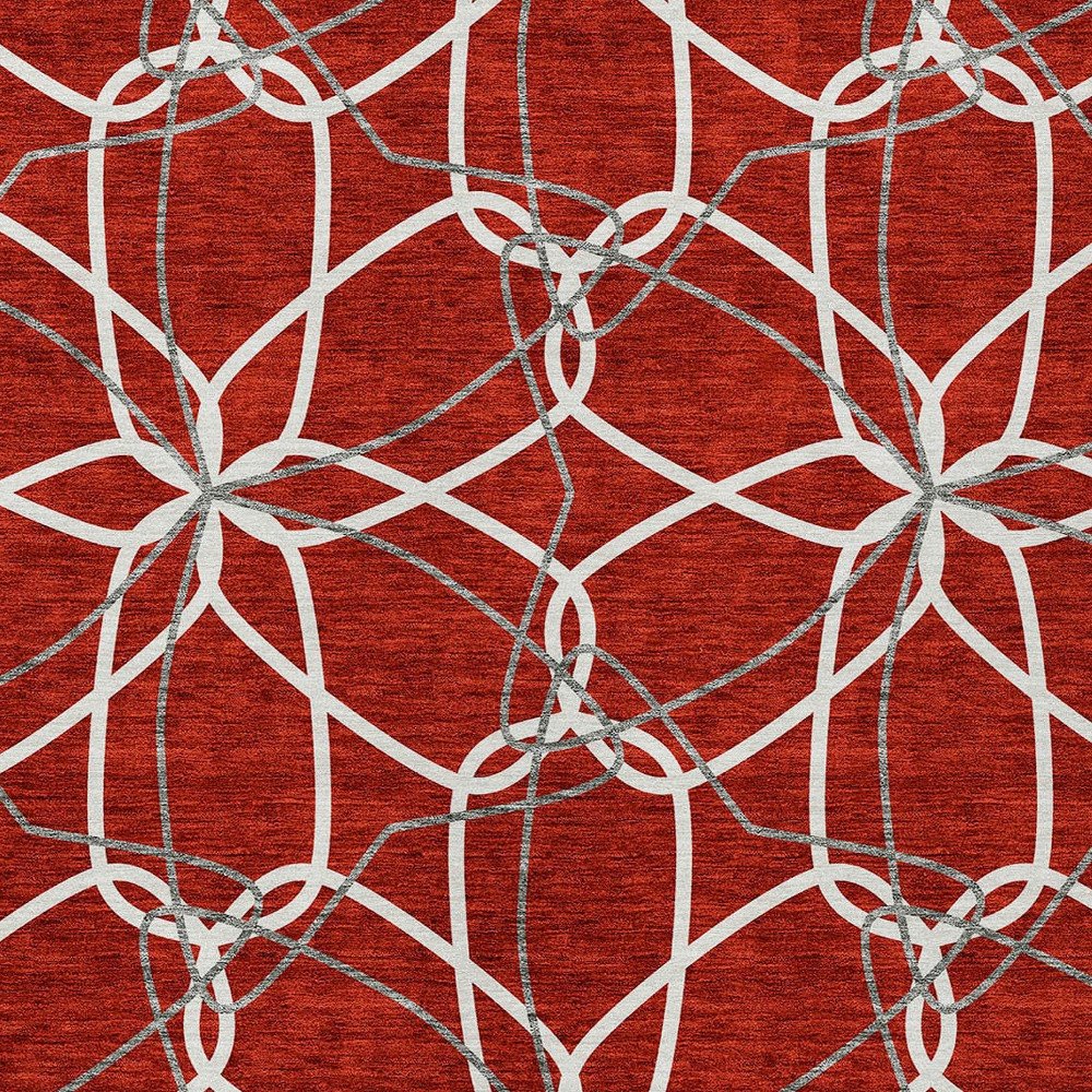 3' X 5' Red And Ivory Geometric Washable Indoor Outdoor Area Rug