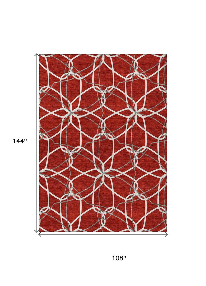 3' X 5' Red And Ivory Geometric Washable Indoor Outdoor Area Rug