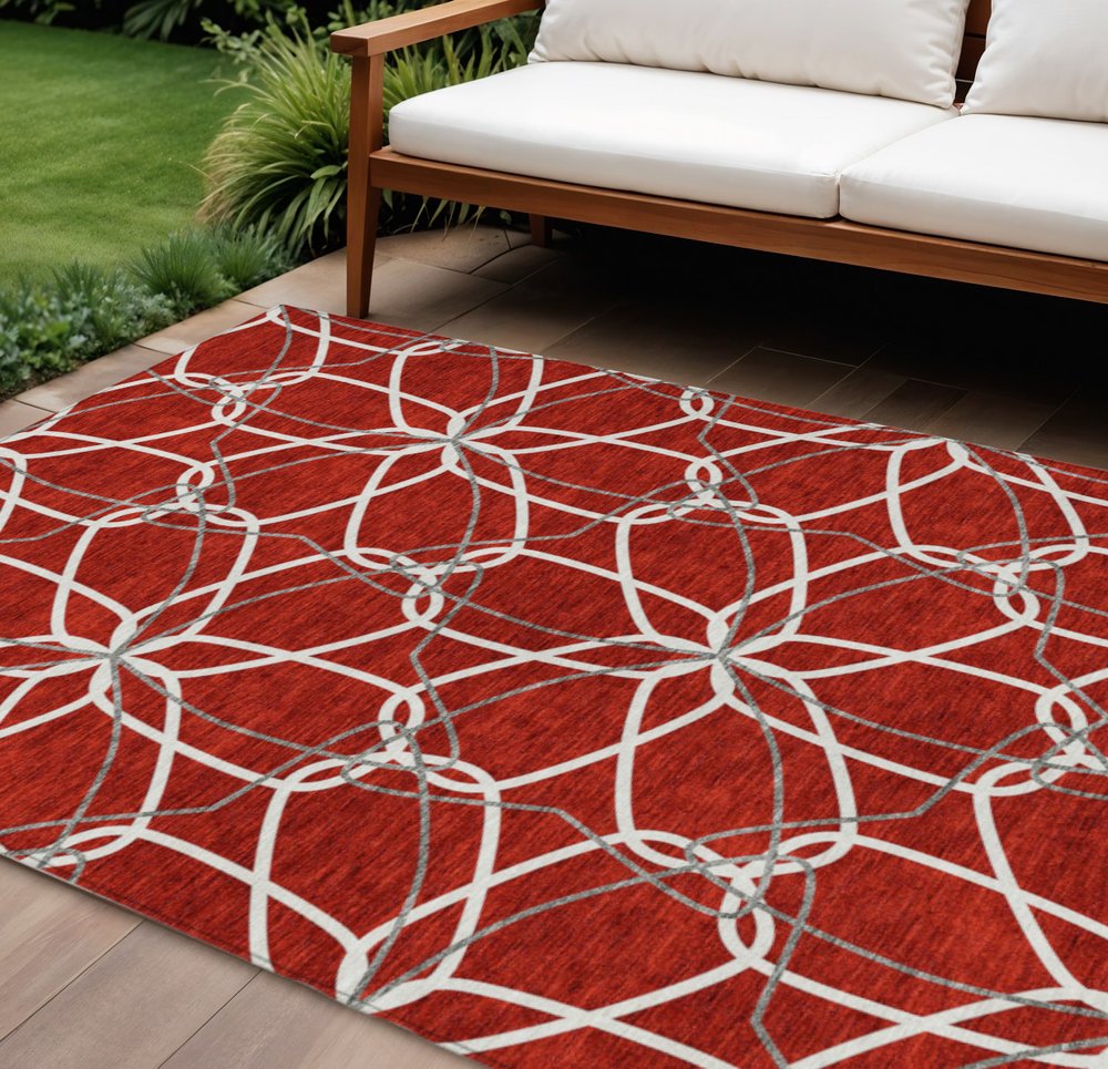 3' X 5' Red And Ivory Geometric Washable Indoor Outdoor Area Rug