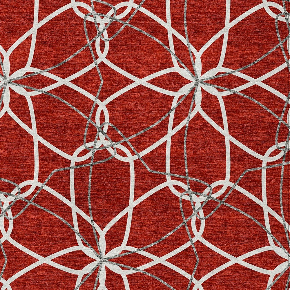 3' X 5' Red And Ivory Geometric Washable Indoor Outdoor Area Rug