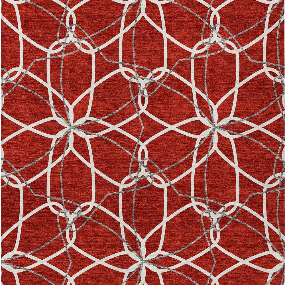 3' X 5' Red And Ivory Geometric Washable Indoor Outdoor Area Rug