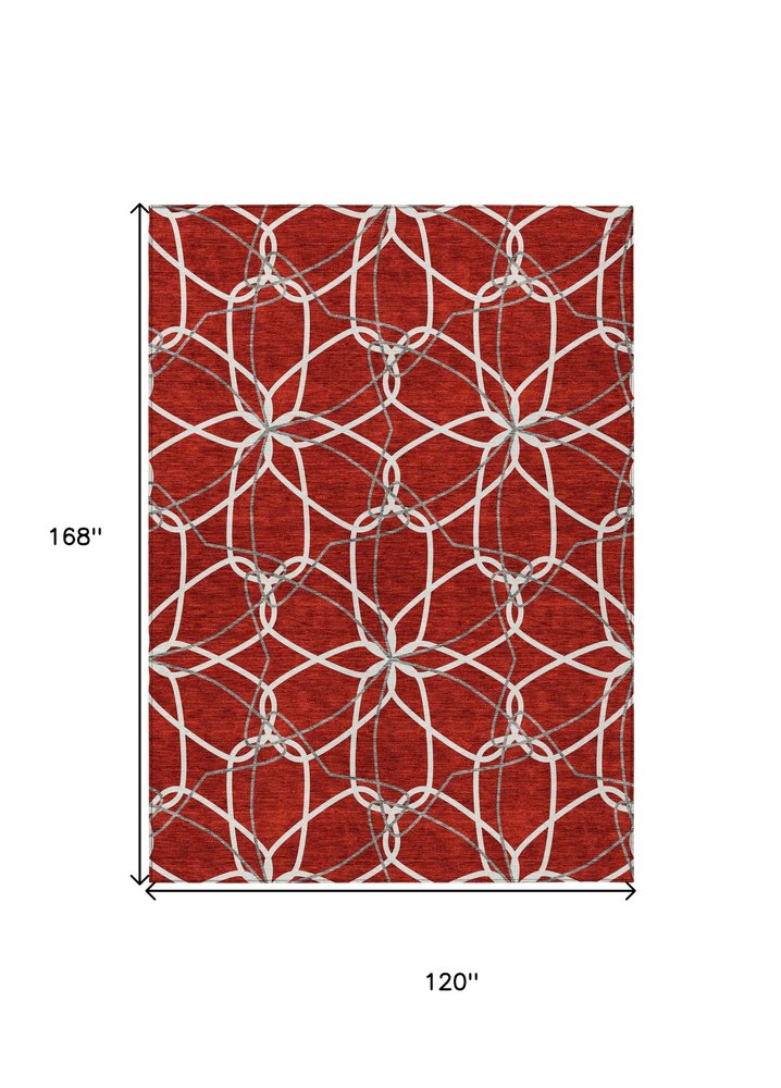 3' X 5' Red And Ivory Geometric Washable Indoor Outdoor Area Rug