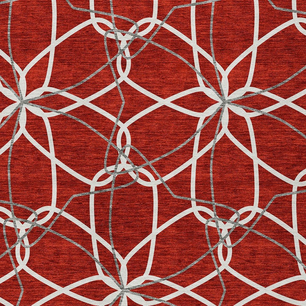 3' X 5' Red And Ivory Geometric Washable Indoor Outdoor Area Rug