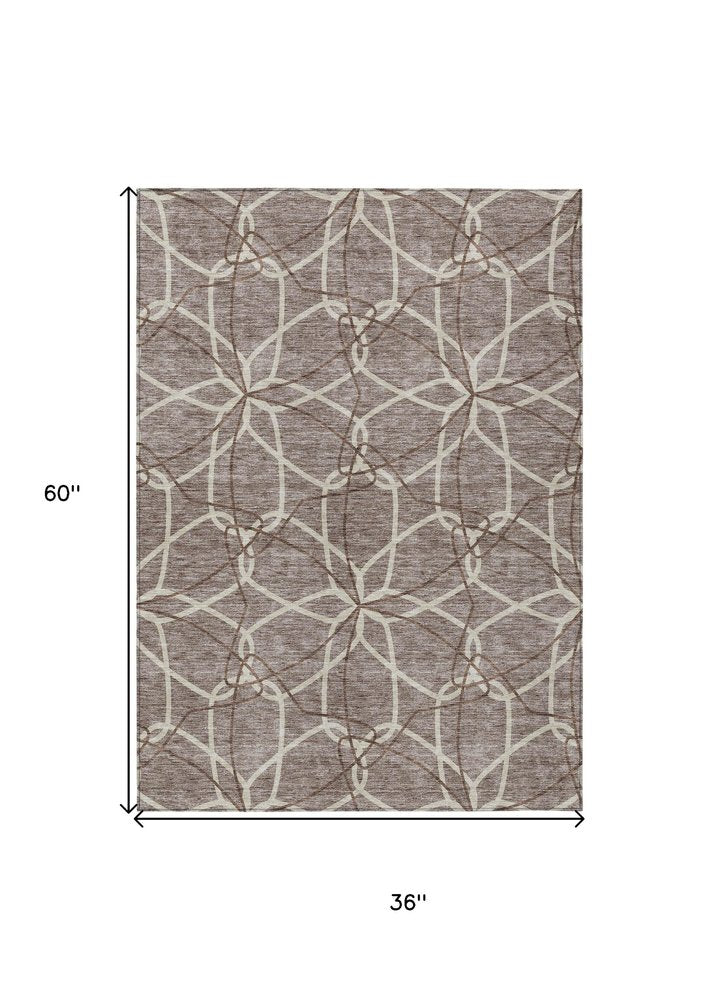 3' X 5' Taupe And Ivory Geometric Washable Indoor Outdoor Area Rug