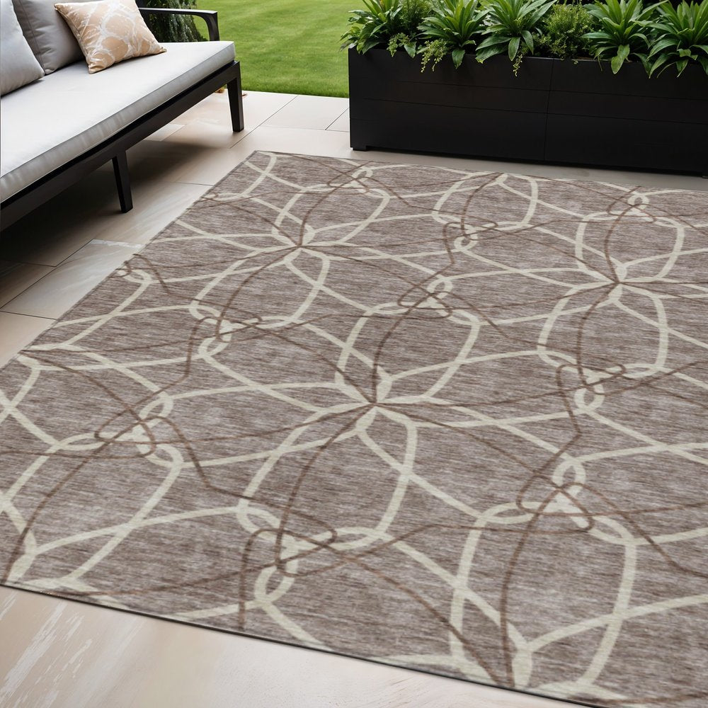 3' X 5' Taupe And Ivory Geometric Washable Indoor Outdoor Area Rug