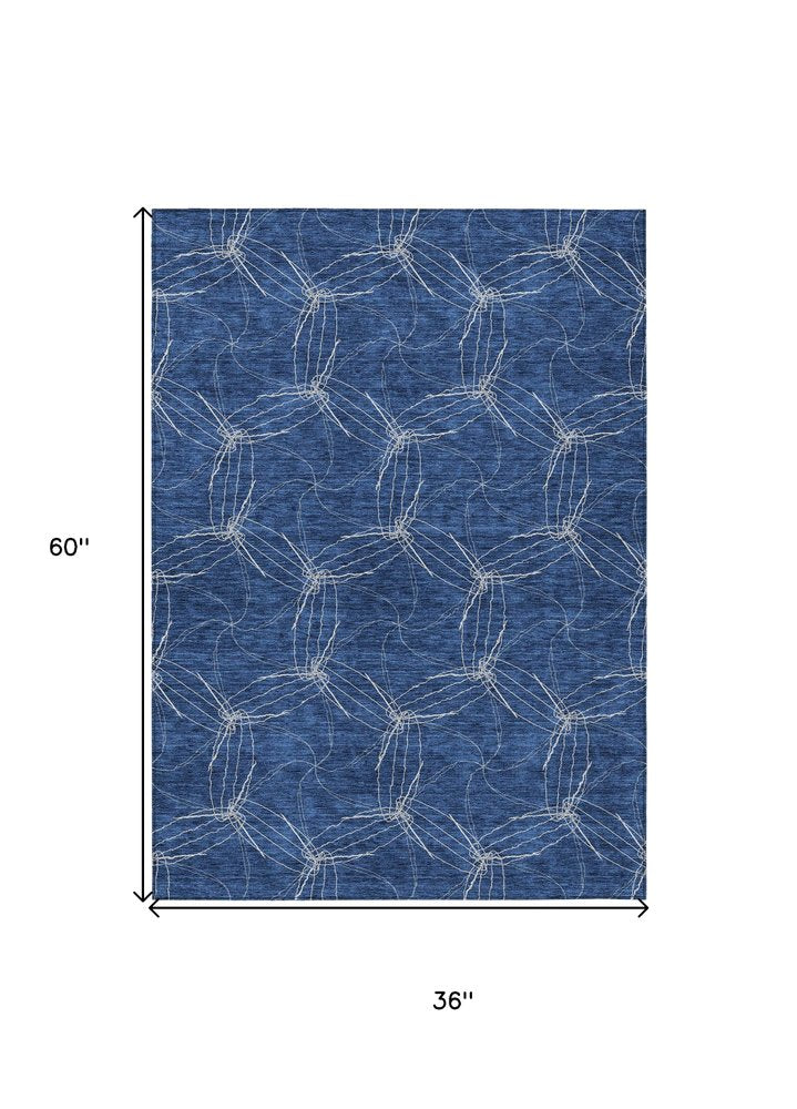 3' X 5' Navy Blue And Ivory Geometric Washable Indoor Outdoor Area Rug