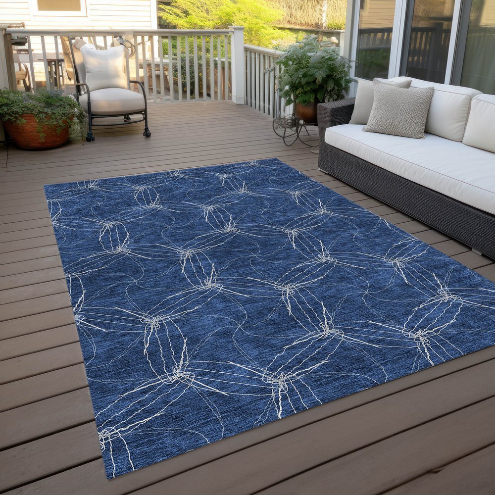 3' X 5' Navy Blue And Ivory Geometric Washable Indoor Outdoor Area Rug