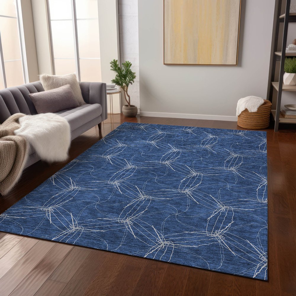 3' X 5' Navy Blue And Ivory Geometric Washable Indoor Outdoor Area Rug