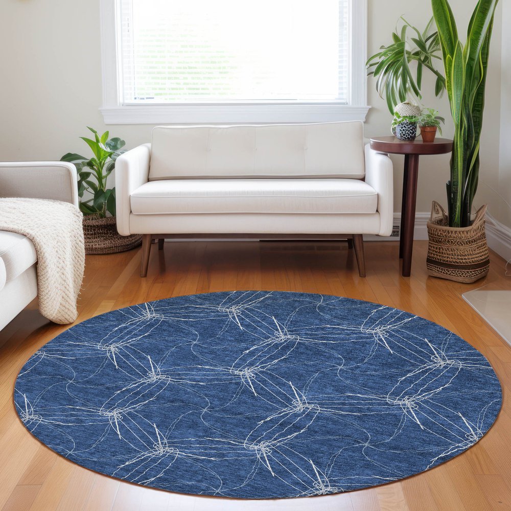 3' X 5' Navy Blue And Ivory Geometric Washable Indoor Outdoor Area Rug
